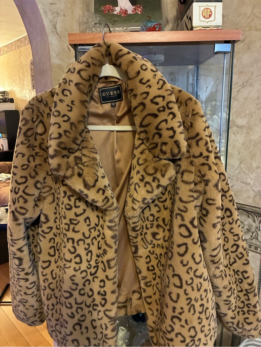 GUESS Leopard Print Faux Fur Teddy Jacket in Tan and Black